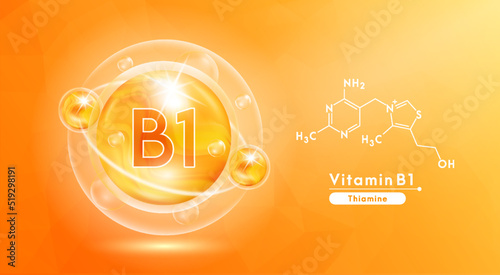 Vitamin B1 orange and structure. Pill vitamins complex and bubble collagen serum chemical formula. Beauty treatment nutrition skin care design. Medical and scientific concepts. 3D Vector EPS10.