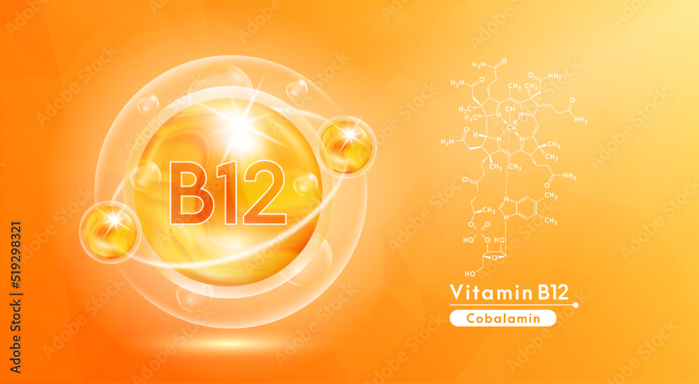 Vitamin B12 orange and structure. Pill vitamins complex and bubble