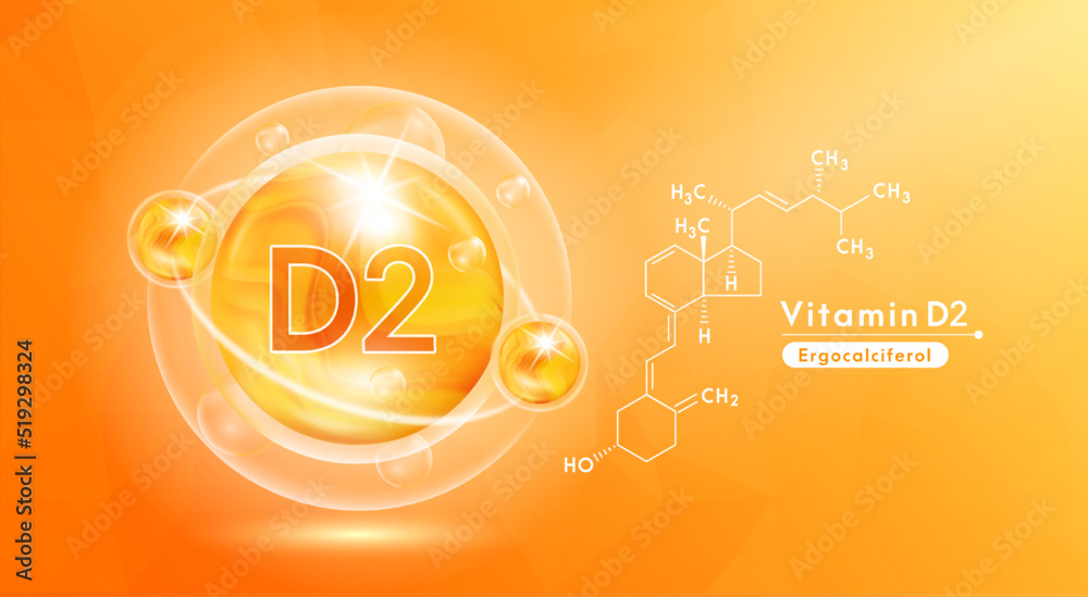 Vitamin D2 orange and structure. Pill vitamins complex and bubble