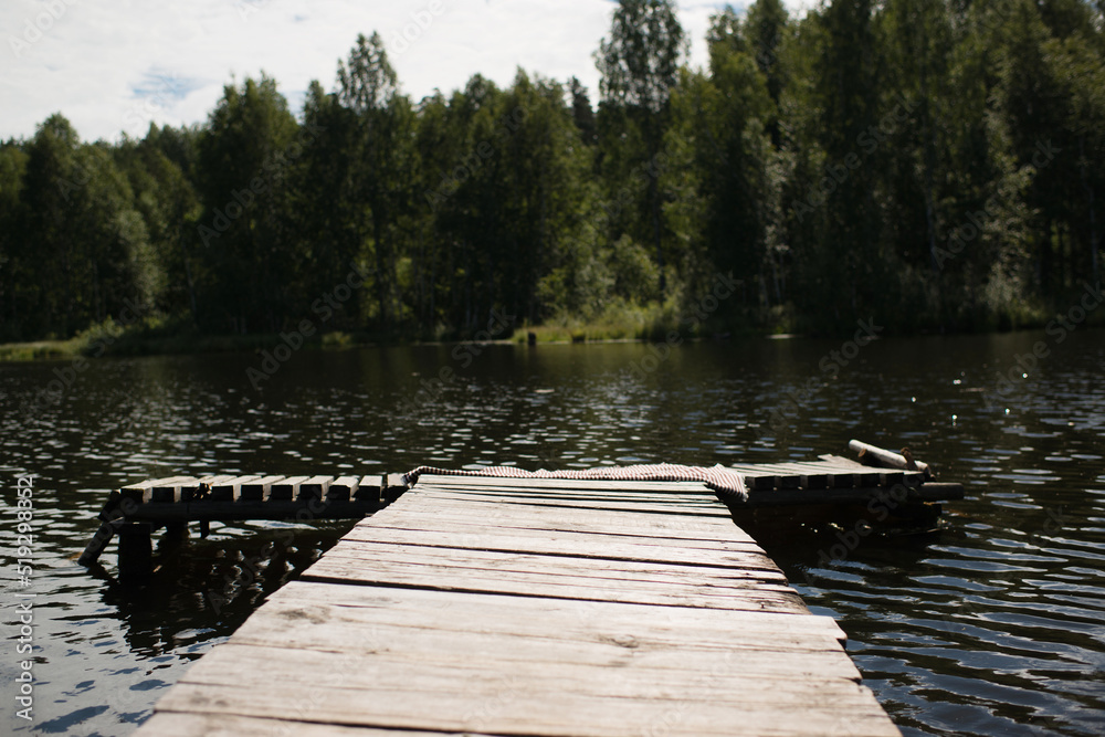 Naklejka premium Natural landscape, wooden bridge, river in the forest