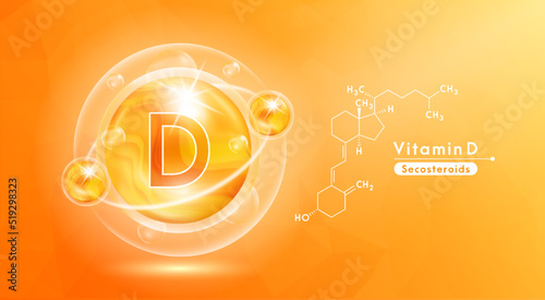 Vitamin D orange and structure. Pill vitamins complex and bubble collagen serum chemical formula. Beauty treatment nutrition skin care design. Medical and scientific concepts. 3D Vector EPS10.