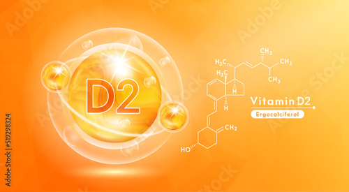 Vitamin D2 orange and structure. Pill vitamins complex and bubble collagen serum chemical formula. Beauty treatment nutrition skin care design. Medical and scientific concepts. 3D Vector EPS10.