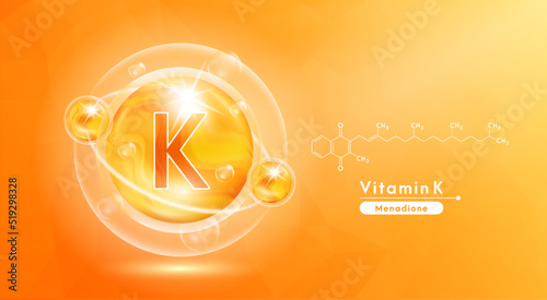 Vitamin K orange and structure. Pill vitamins complex and bubble collagen serum chemical formula. Beauty treatment nutrition skin care design. Medical and scientific concepts. 3D Vector EPS10.