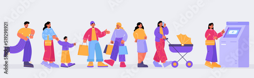 People queue at atm. Clients at bank terminal, banking services concept. Characters stand in line waiting turn to make money transaction in automated teller machine. Linear flat vector illustration