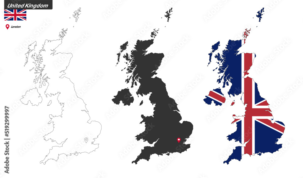 Map of United Kingdom with capital city, flag and political borders.