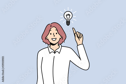 Smiling woman with lightbulb get innovative business idea. Happy businesswoman generate thoughts solve problem. Solution and innovation. Vector illustration. 