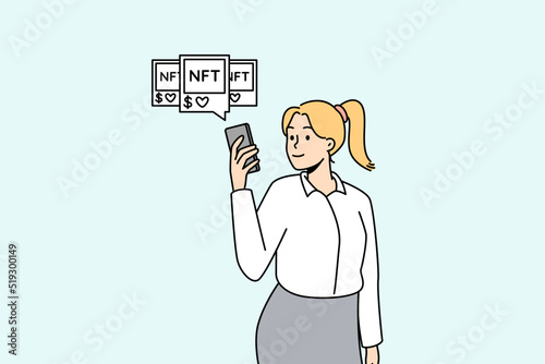 Woman with NFT picture and token items. Businesswoman explore blockchain or cryptocurrency artwork. Vector illustration.