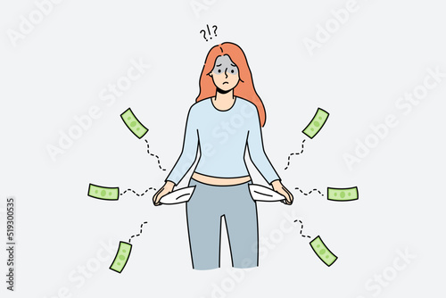Frustrated young woman with empty pockets suffer from bankruptcy. Unhappy sad female struggle with debt or financial problems. Vector illustration. 