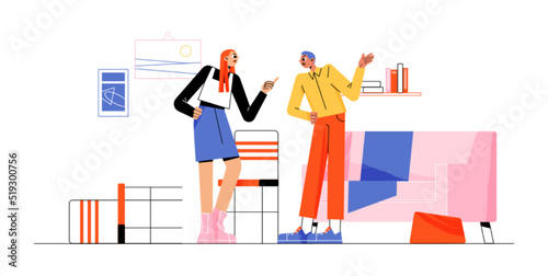 Couple quarrel, angry male and female characters conflict. Husband and wife scandal, divorce, family relations, spousal abuse. Furious people swear and argue, Line art cartoon flat vector illustration