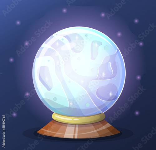 Vector magic fortune sphere glass ball. Witchy Magic Crystal Ball, Fortune Teller, magic crystal balls. Predictions and positive affirmations,healing hands, Sacred Witch and Mystical Symbols. Cartoon