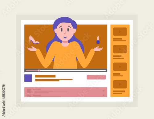 Video women blogger cartoon style on monitor showing new trends. Fashion blogger girl on online channel concept for streamer, live broadcast, popular blog. Vector 10 eps
