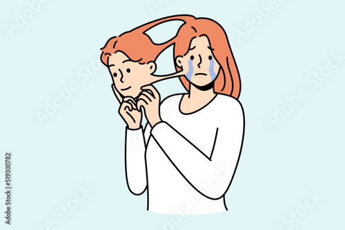 Unhappy crying woman take out mask of man suffer from trans gender identity problem. Concept of transsexual and queer people. Vector illustration. 