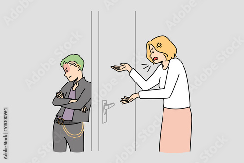 Angry mother talking to teen goth child locked in room. Parent children relationship concept. Adolescence and growing up. Vector illustration. 