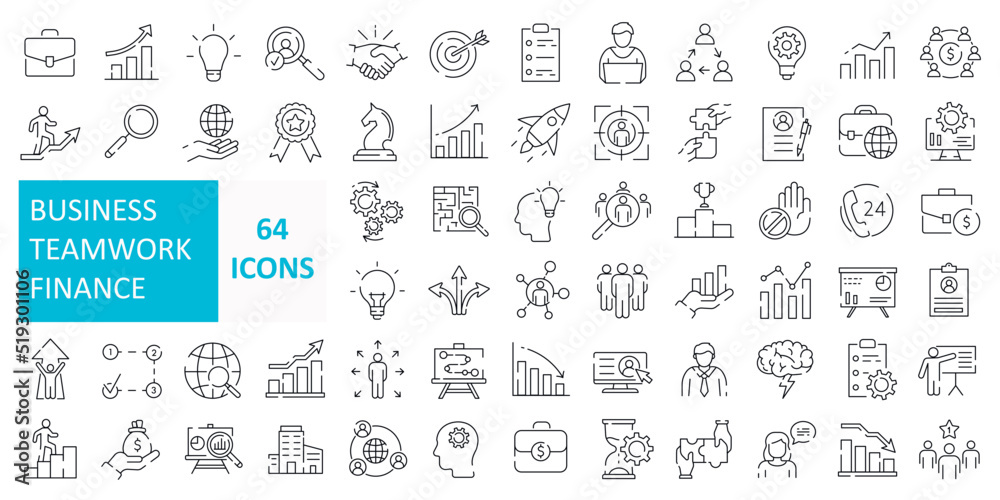 Set of 64 business teamwork finance icons, team building, work group and human resources. Outline icons collection. Line style - vector illustration Set of 64 business teamwork finance icons, team building, work group and human resources. Outline icons collection. Line style - vector illustration