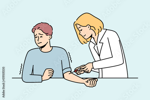 Scared male patient get blood test in hospital. Doctor collecting blood from vein from terrified man in clinic. Medicine and healthcare. Vector illustration. 