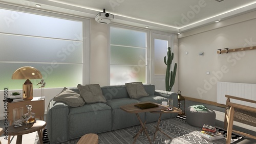 Cuadro en lienzo SOFA CON VENTANA DE FONDO Y LUCES DE SOL Y LUCES DECORATIVAS