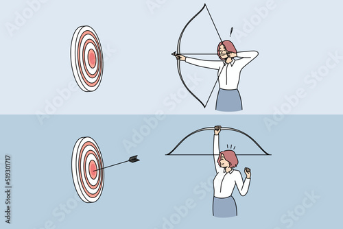 Woman with bow and arrows shooting target. Successful businesswoman win reach business achievement or goal. Success and accomplishment. Vector illustration. 