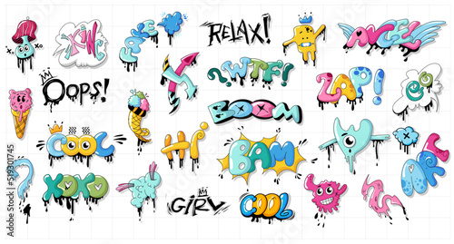 Graffiti tags. Fresh, best and cool text signs of street art book, art, cool, beam, blow, wtf, face isolated on white background. Creative colorful writing with drips and blobs modern style. Vector