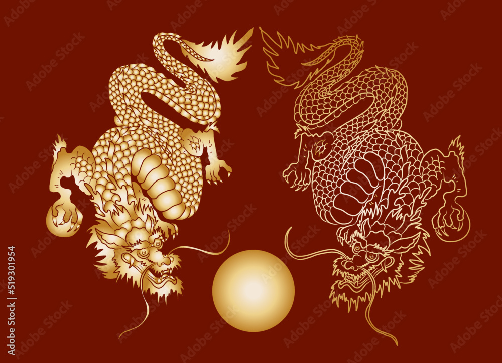 Naklejka premium Japanese red dragon tattoo.Dragon on red background for Chinese New Year.Gold Chinese Dragon vector.Gold line art King Dragon tattoo.cartoon vector for t-shirt.