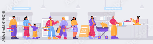 People queue in eco shop. Customers with organic products in shopping baskets stand in line waiting turn for payment at cashier desk. Saleswoman release purchases, Line art flat vector illustration