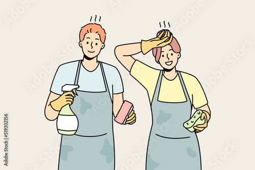 Exhausted couple feel tired after house cleaning. Man and woman in aprons housekeeping together. Household chores. Vector illustration. 