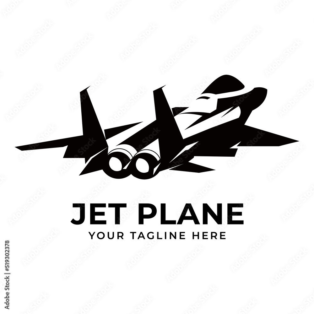 Jet fighter black silhoutte. Plane icon sign or symbol. Military airplane missile bomber logo.