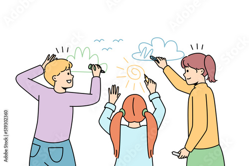 Happy children drawing together on white wall. Smiling kids painting with colorful chalks. Hobby and art concept. Childhood activity or game. Vector illustration. 