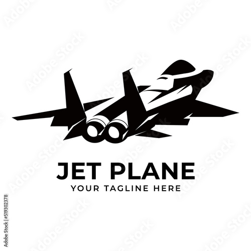 Jet fighter black silhoutte. Plane icon sign or symbol. Military airplane missile bomber logo.