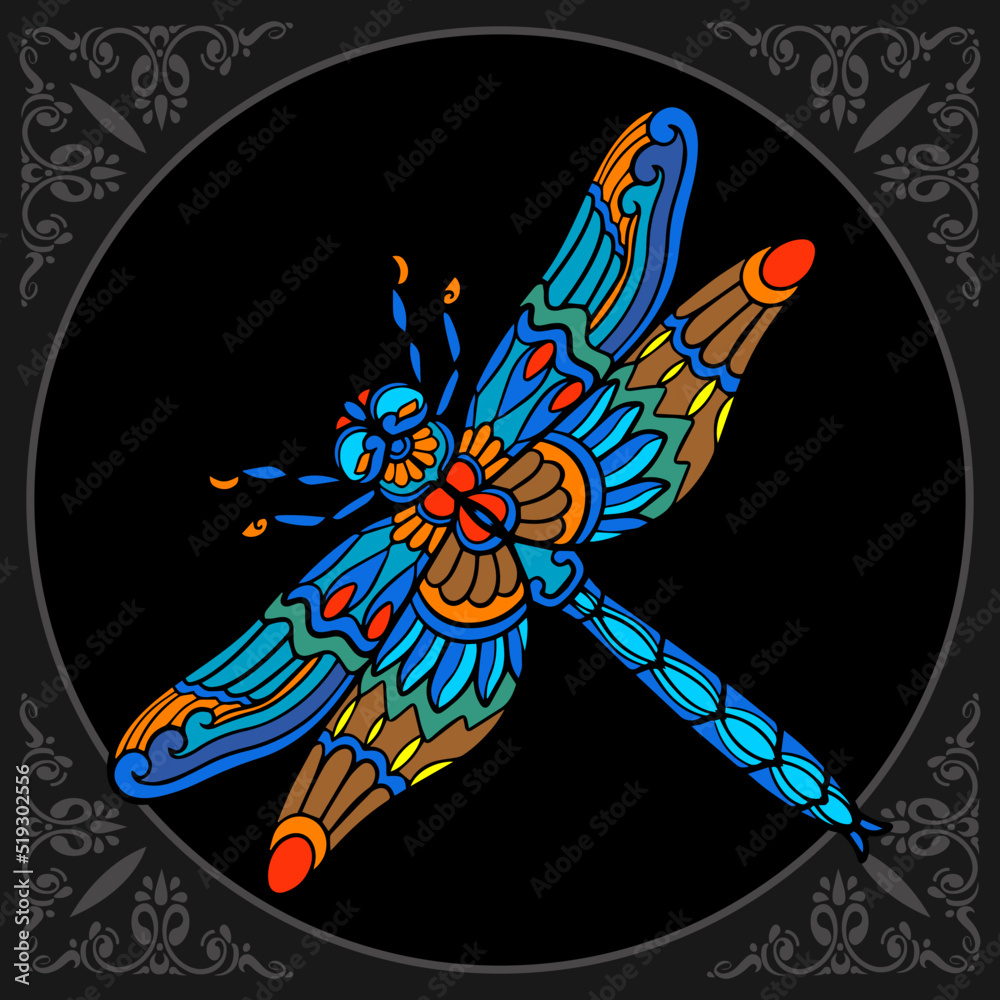 Colorful dragonfly zentangle arts isolated on black background