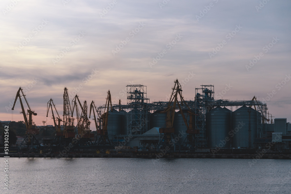 Loading cargo in the seaport. Marine industrial trade port. Black Sea. Export and import by sea. City of Odessa, Ukraine