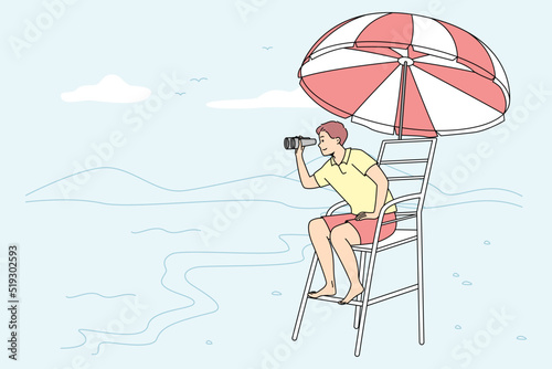Male lifeguard sitting on chair on beach looking in binoculars. Man lifesaver on tower at seashore. Safety rescuer and sea help . Vector illustration. 