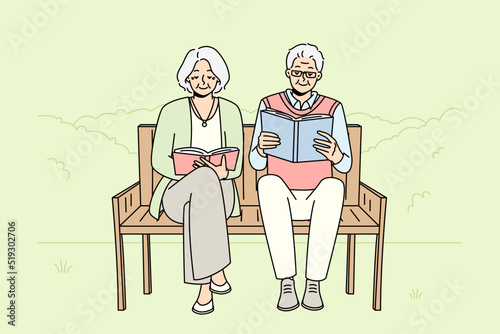 Joyful mature couple sit on bench in pack reading books. Smiling old man and woman relax outside enjoy literature. Happy maturity and hobby. Vector illustration. 