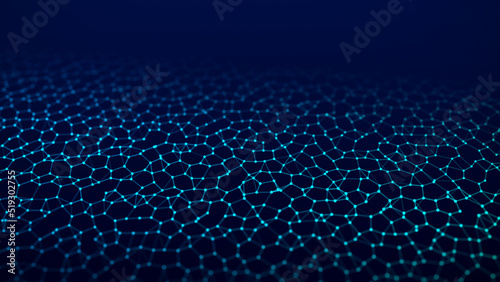 The structure of DNA cells. A grid of blue particles connected by lines on a blue background. The science of medicine. Big data. Futuristic concept of a gene cell. 3d rendering © Valerii
