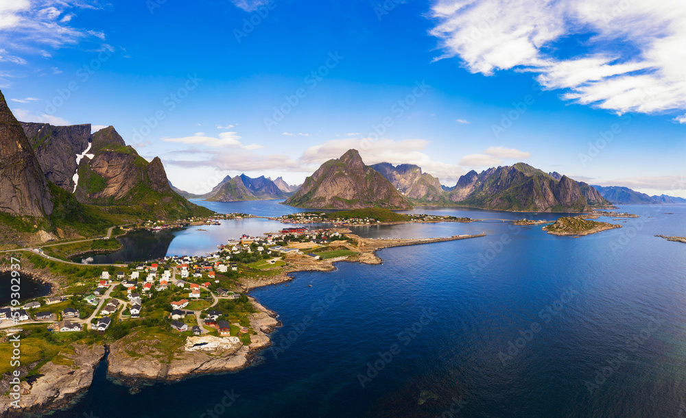 Reine fishing village surrounded by high mountains and fjords on Lofoten islands