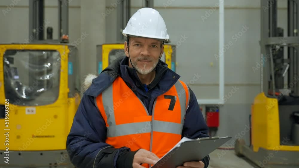 Bearded man looks at project plan on clipboard standing against modern equipment in warehouse. Engineer turns to camera smiling closeup Bearded man looks at project plan on clipboard standing against modern equipment in warehouse. Engineer turns to camera smiling closeup