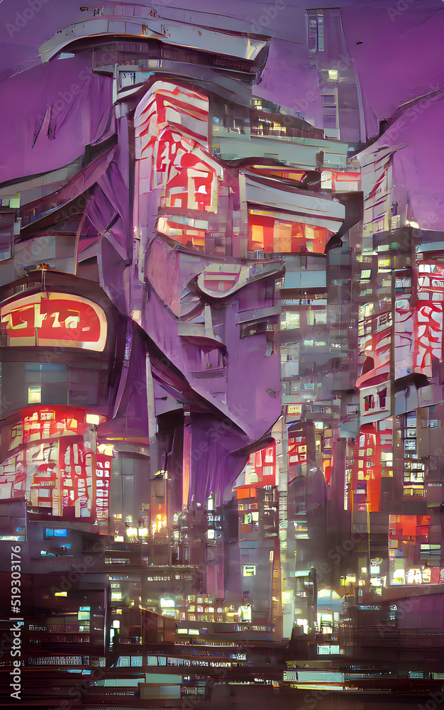 abstract purple city of the future collaboration with wombo generative ai