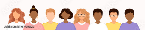 Crowd of diverse people isolated on a white background. Group of men and women stand in a row. Social diversity. Vector illustration in a flat style. No face.