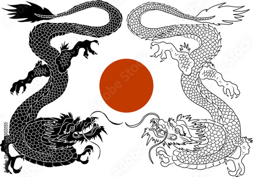 Japanese red dragon tattoo.Dragon on red background for Chinese New Year.Gold Chinese Dragon vector.Gold line art King Dragon tattoo.cartoon vector for t-shirt.