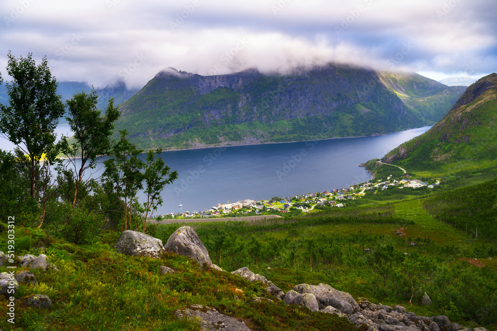 Fjordgard village from Hesten trail to Segla mountain on Senja island, Norway