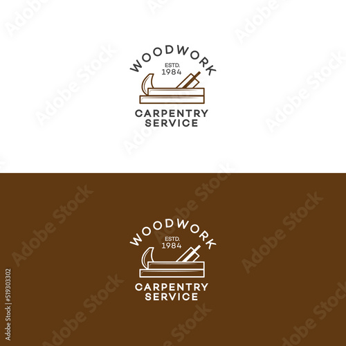 Set of woodwork logo with jointer isolated on background for carpentry service, wood master and sawmill service. Stamp, banner. Wood work and manufacture template. Vector illustration