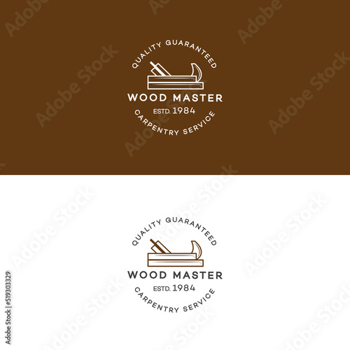 Set of wood master logo with jointer isolated on background for woodwork, carpentry service sawmill service. Stamp, banner and design element. Wood work and manufacture template. Vector illustration