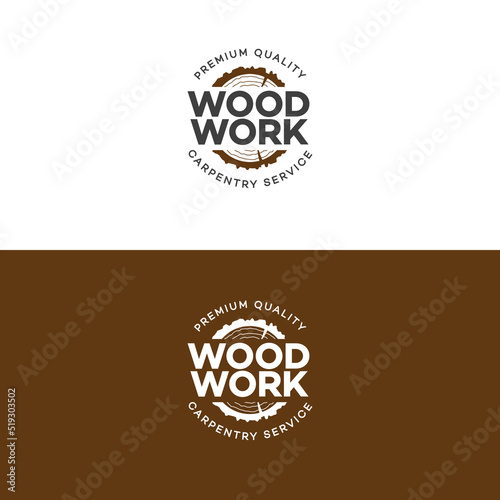 Set of wood work logo with sawed wood isolated on background for wood master, carpentry service and sawmill service. Wood work stamp and manufacture banner. Vector illustration