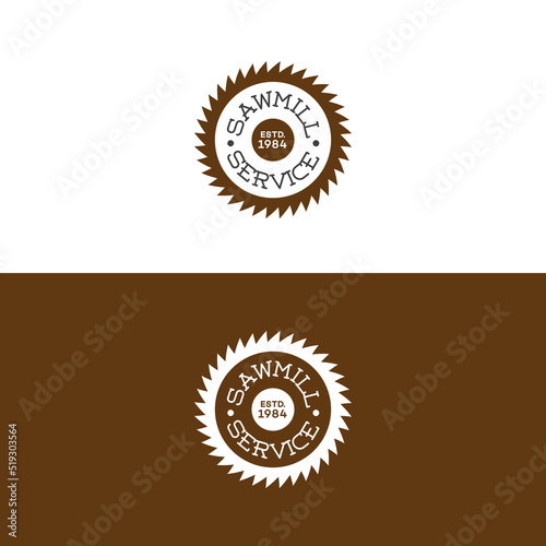 Set of sawmill service logo with saw isolated on background for woodwork and carpentry service. Stamps, banners and design elements. Wood work and manufacture label template. Vector illustration