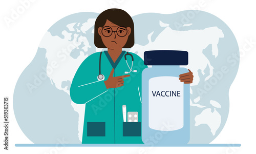 Pandemic, vaccination and health concept. Doctor with a bottle of vaccine.