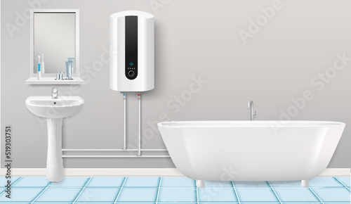 Water heater in home bathroom realistic vector