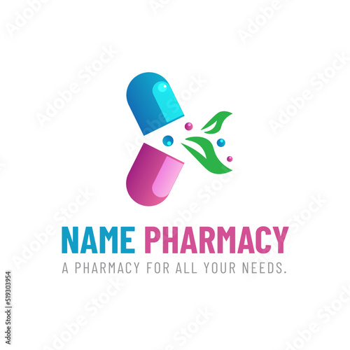 Pharmacy leaf  and capsule logo, drug logo with creative Simple element natural medicine logo vector icon design