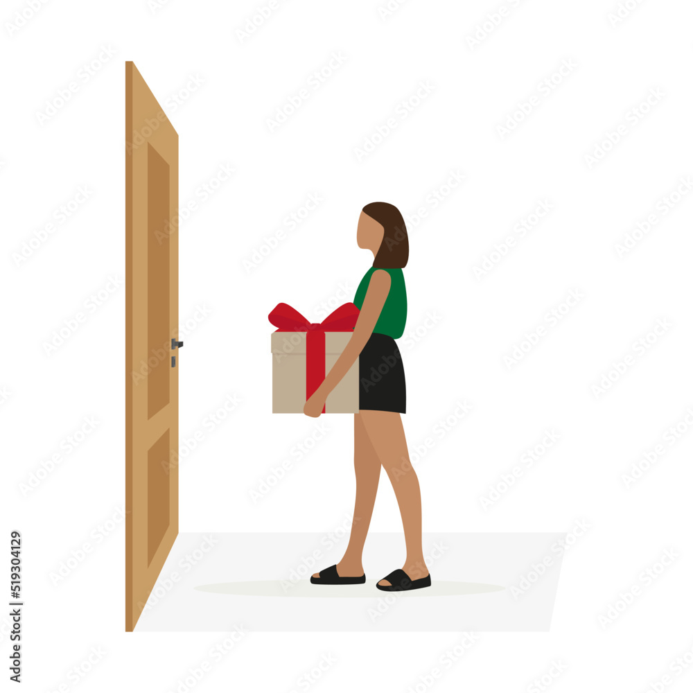 A young female character in summer clothes and with a gift box in her hands stands in front of a closed door on a white background