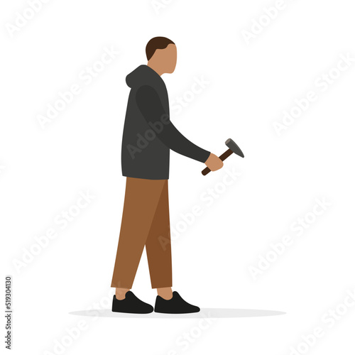 A male character with a hammer in his outstretched hand stands on a white background