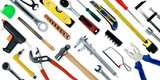 Topview of Different Work Tools on White Background- Stock Photo