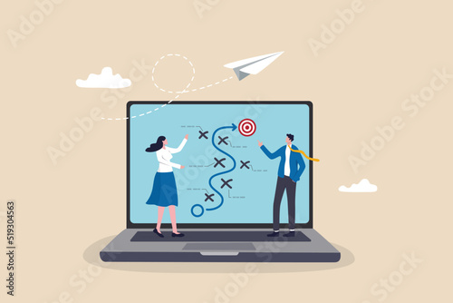 Digital strategy, online marketing or social media communication plan, challenge or technology for business development concept, business people marketer working with digital online plan on computer.